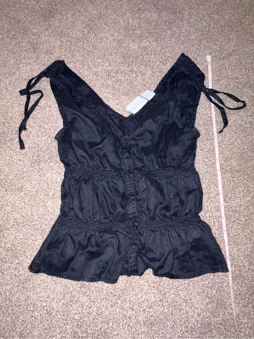 Cynthia Rowley Black Tie-Shoulder V-Neck Smocked Peplum Top